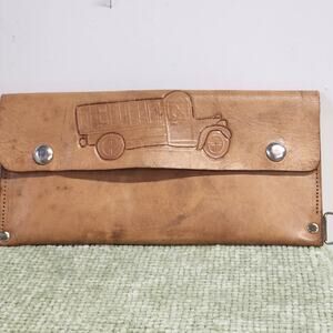 Vintage Handmade Leather Tool Pouch Embossed Truck Belt Bag Brown